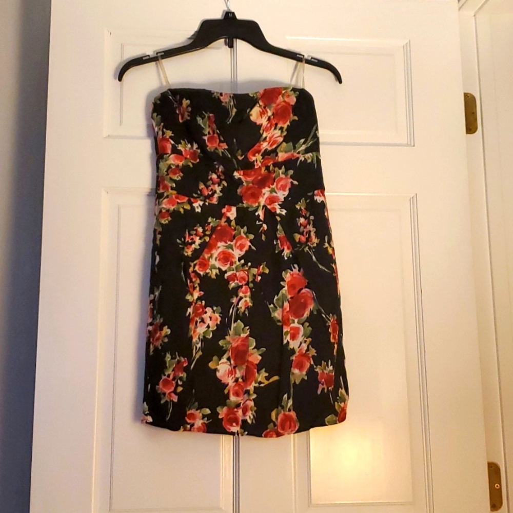 Strapless black flowered dress